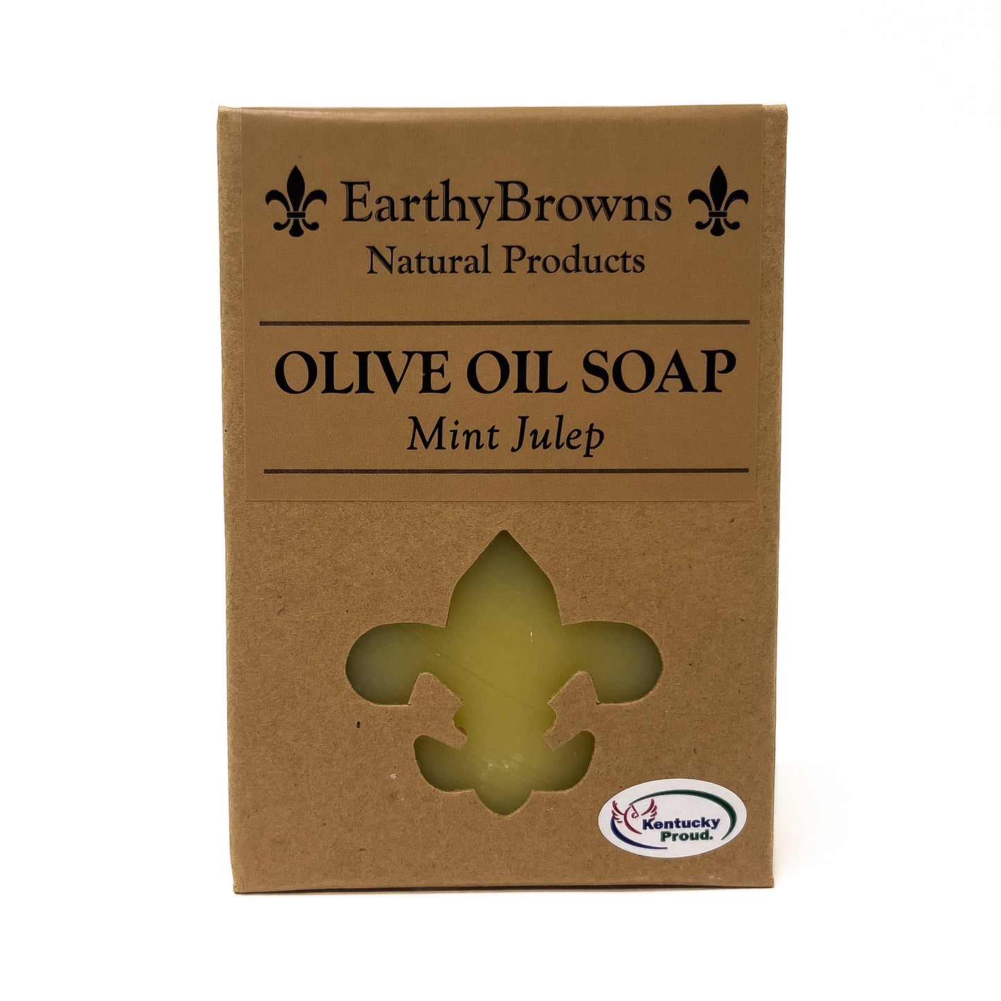Olive oil soap in a brown cardboard packaging with 'Earthy Browns Natural Products' branding.