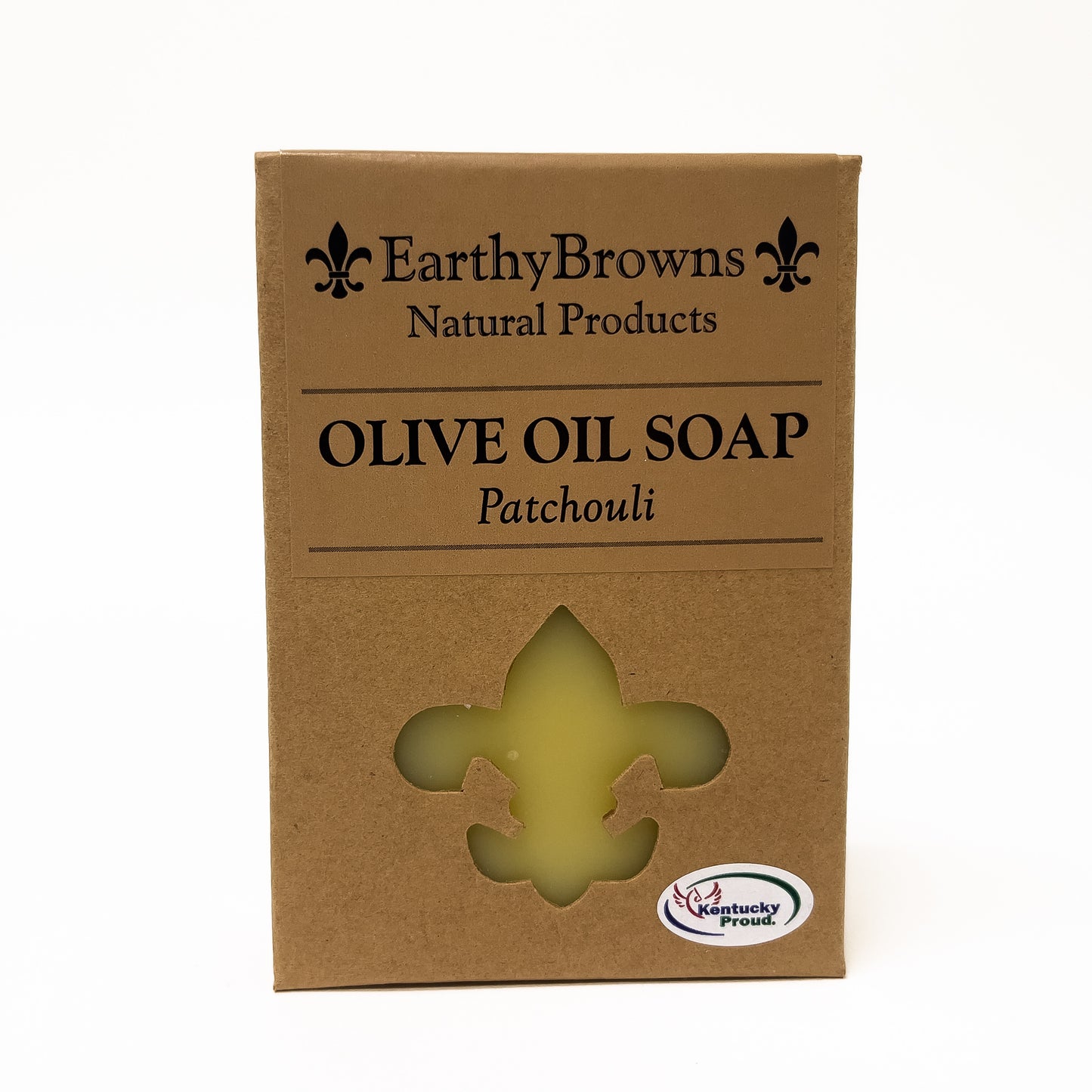 Olive oil soap packaging with 'Earthy Browns' branding on a white background
