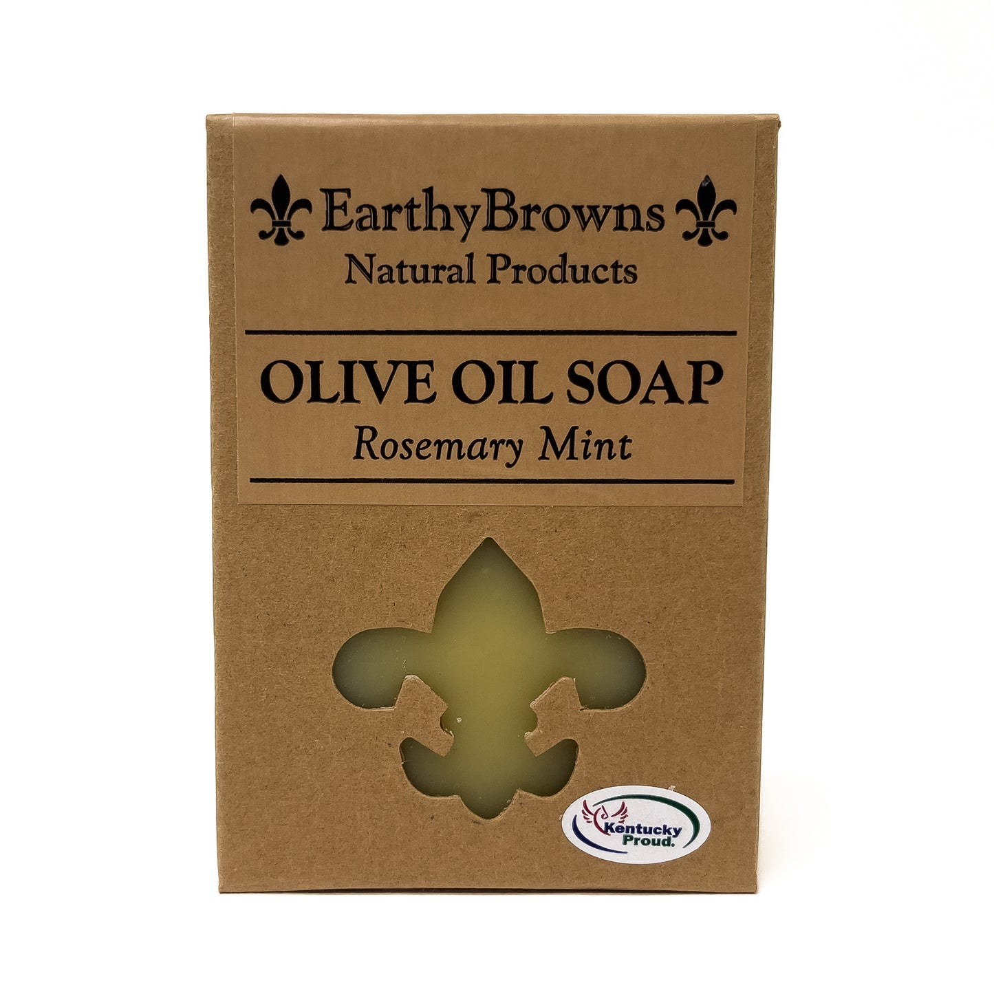 Olive oil soap packaging with 'Earthy Browns Natural Products' branding on a white background