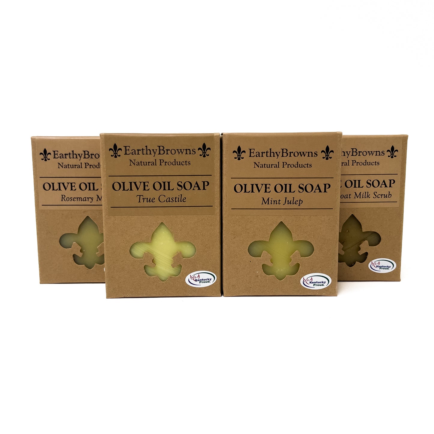 Four boxes of Earthy Browns Olive Oil Soap on a white background