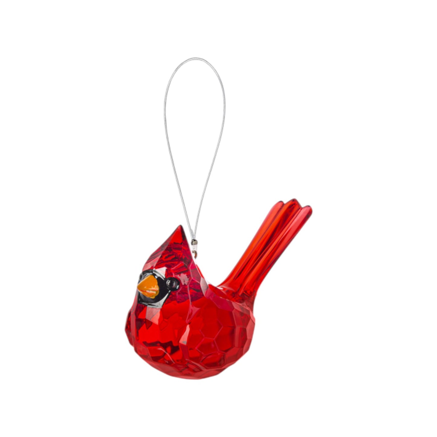 Front view of the faceted red acrylic cardinal ornament on a white background.
