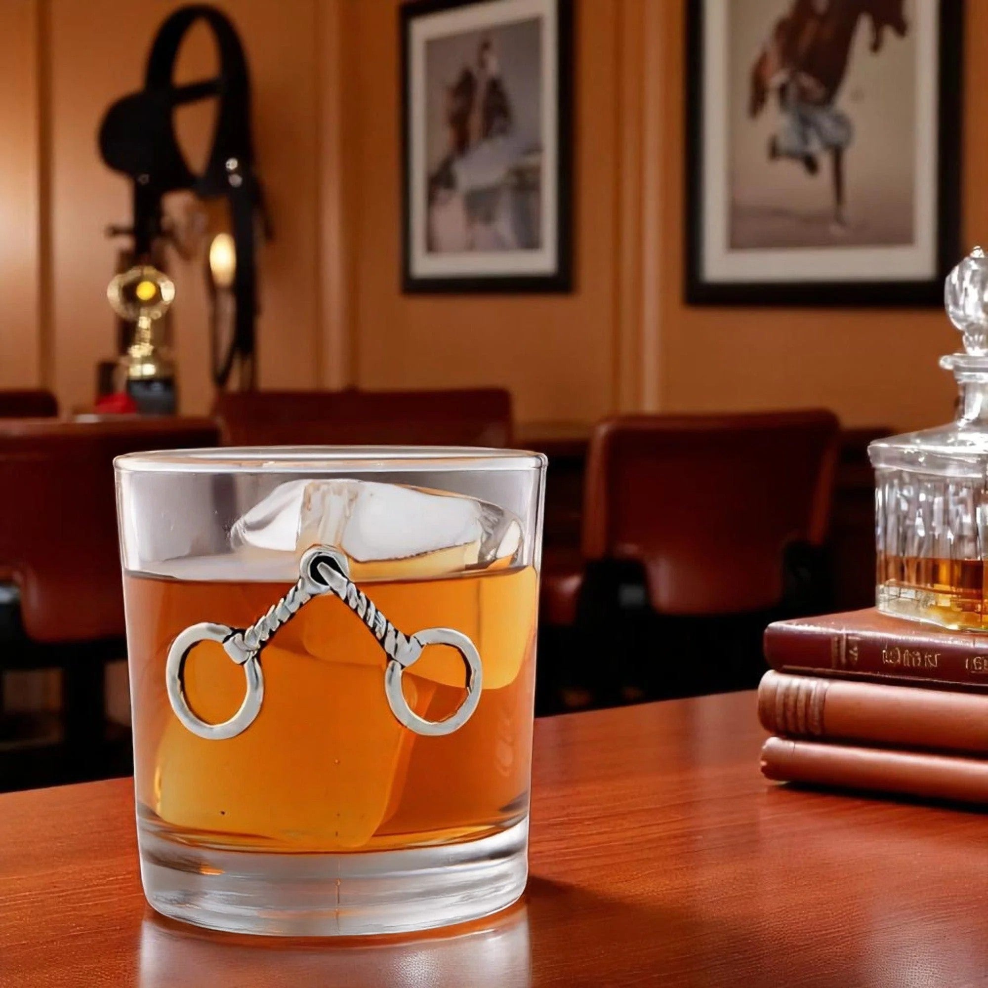 A lifestyle photo of the equestrian bit bar glass on a rustic wood table next to a decanter.