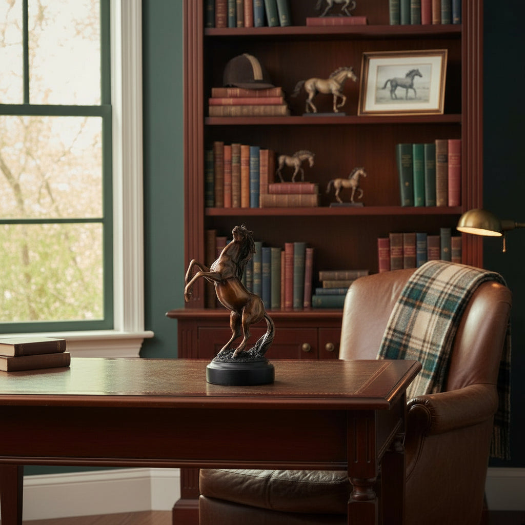 Decorative horse sculpture on a wooden desk with bookshelf and chair in the background