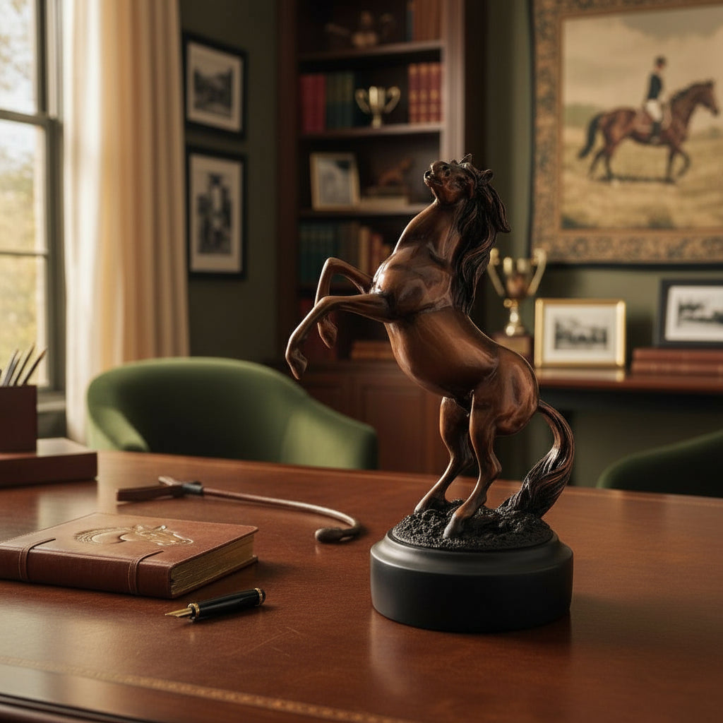 The rearing stallion sculpture displayed on a desk, adding a touch of Kentucky heritage to the room.