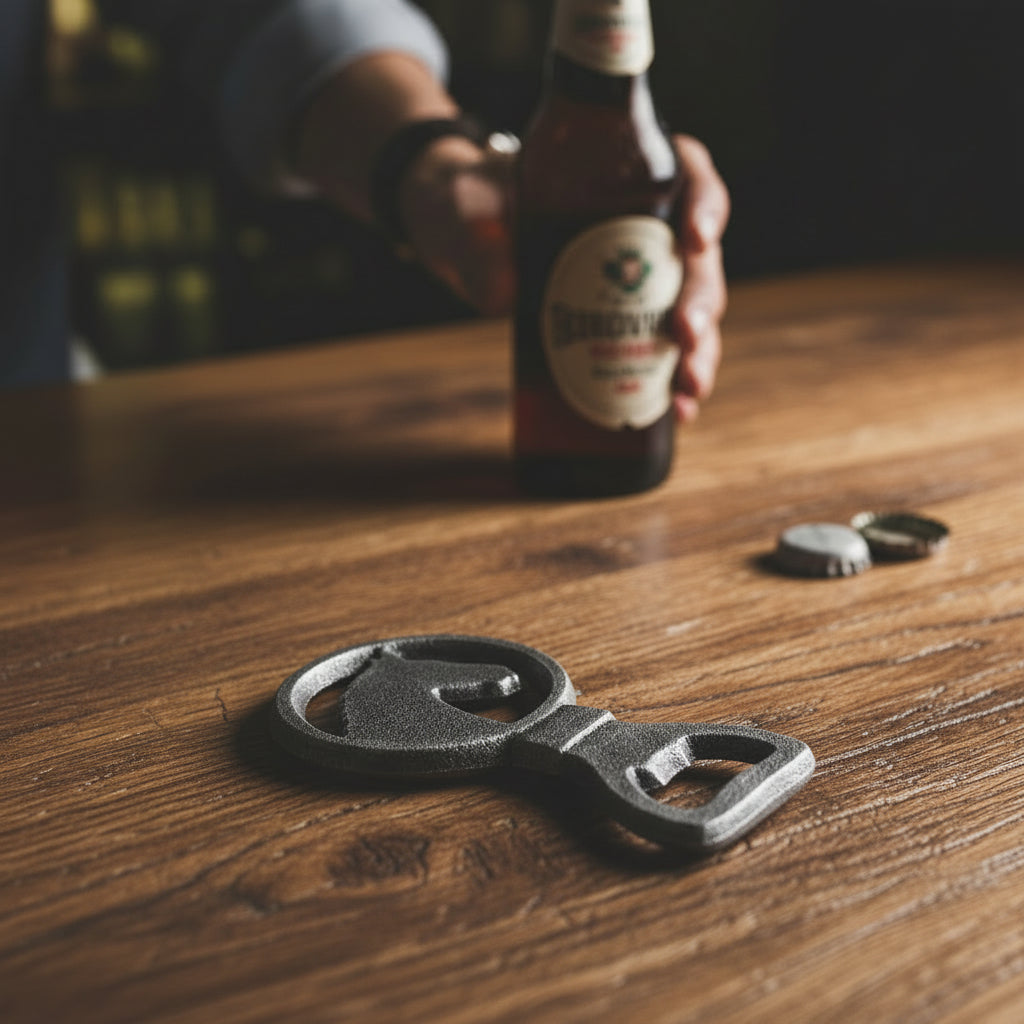 The cast iron Horse Bottle Opener shown on a wooden bar top.