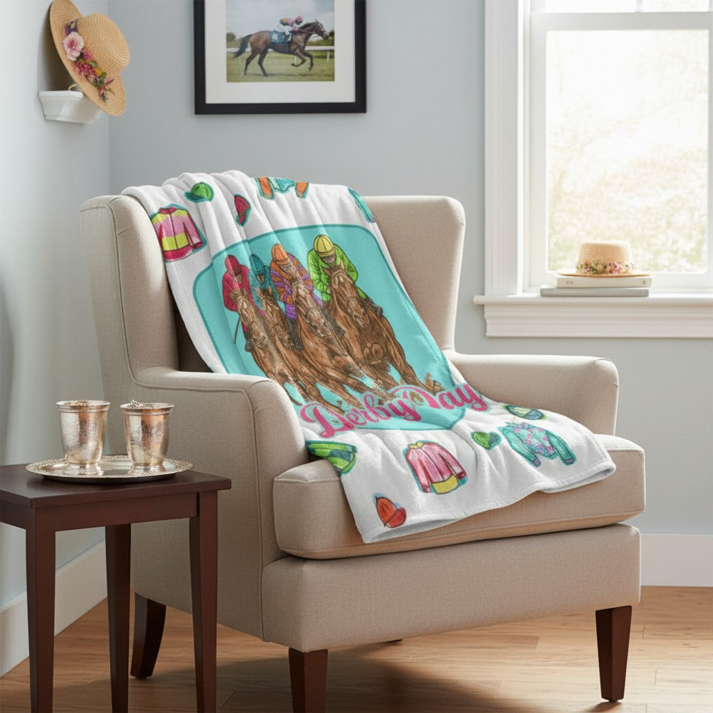 Vibrant Derby Day horse racing fleece blanket draped comfortably over a living room armchair.