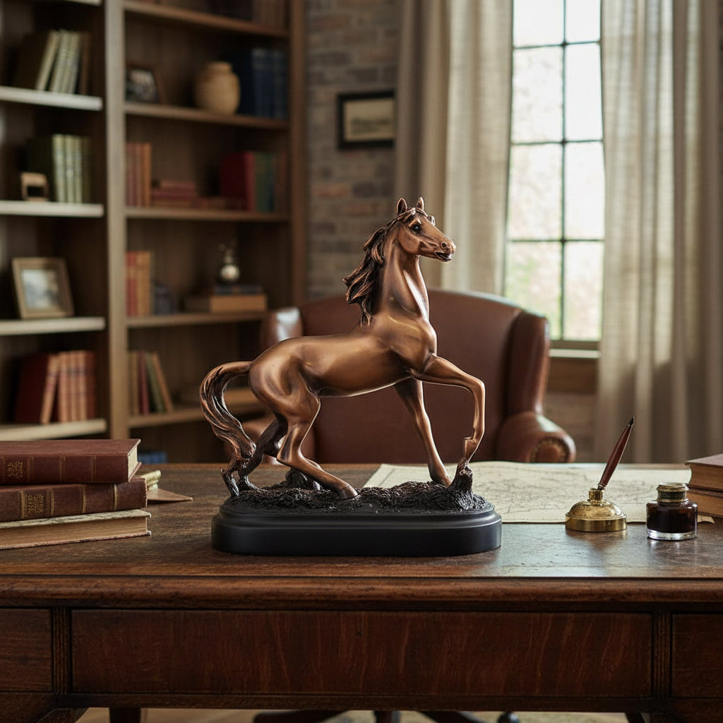 The copper standing horse sculpture shown on an office desk, symbolizing strength and heritage.