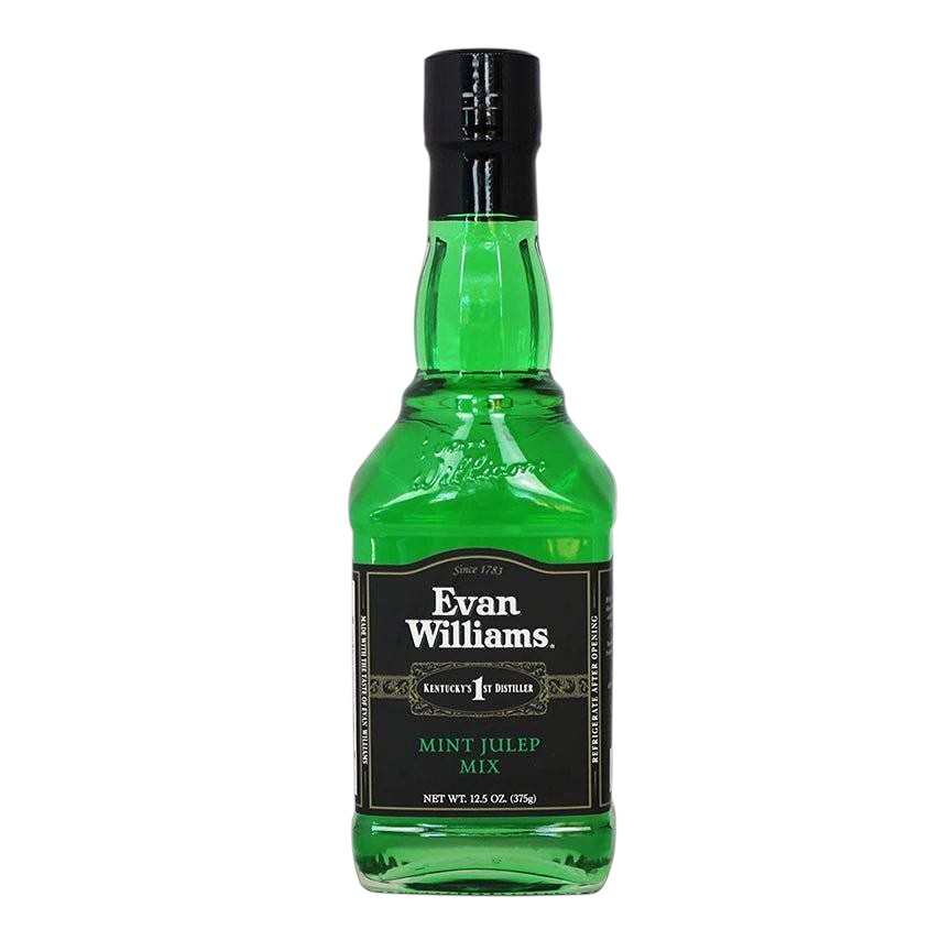 Green bottle of Evan Williams Mint Julep Mix on a white background