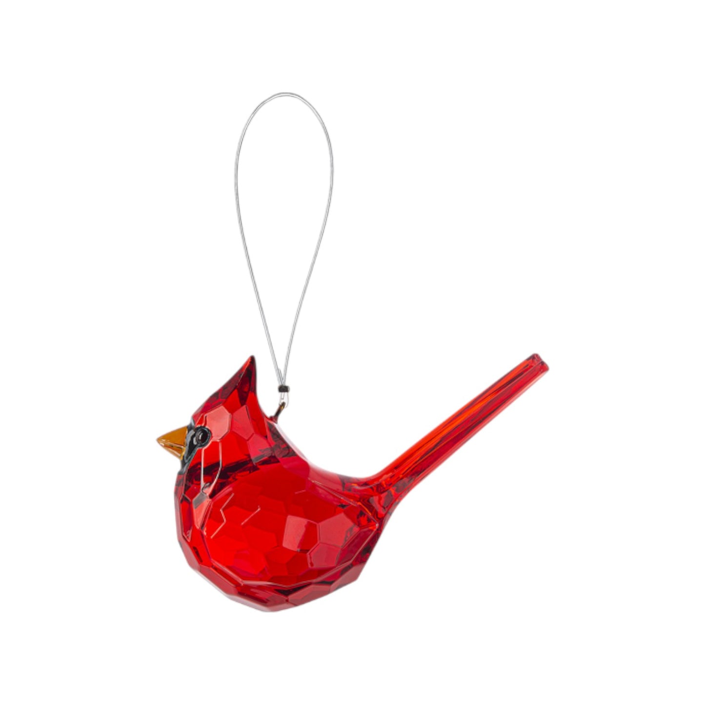 An angled view of the sparkling cardinal ornament showing its faceted design.