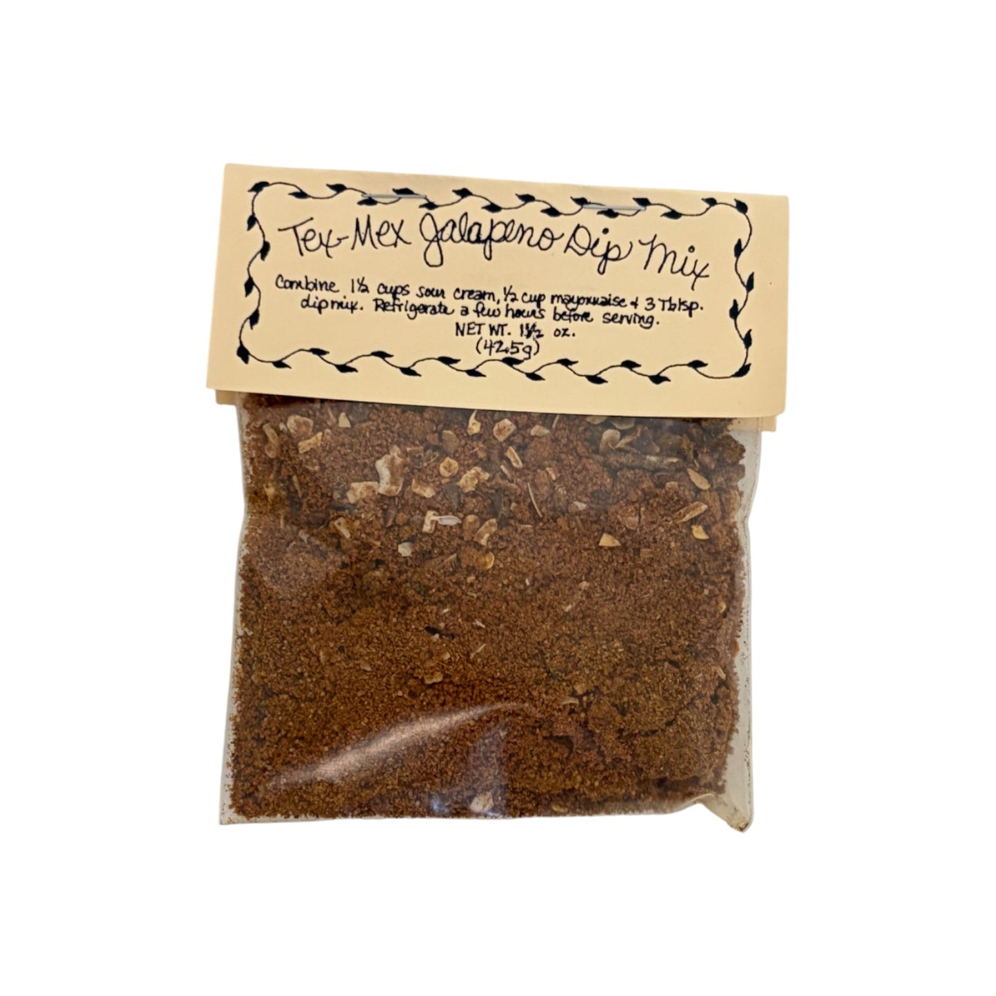 A single packet of Flag Fork Herb Farm's Tex-Mex Jalapeño dip mix on a white background.