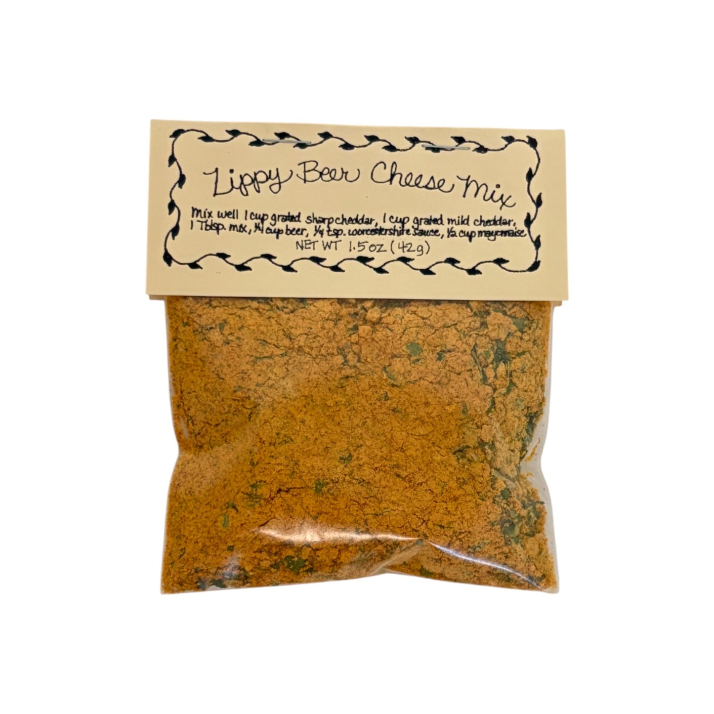 A single packet of Flag Fork Herb Farm's Zippy Beer Cheese dip mix on a white background.