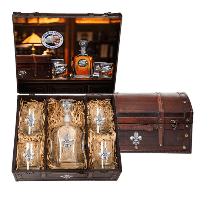 Fleur de Lis Capitol Decanter Chest Set with Pewter Glasses - A Taste of Kentucky