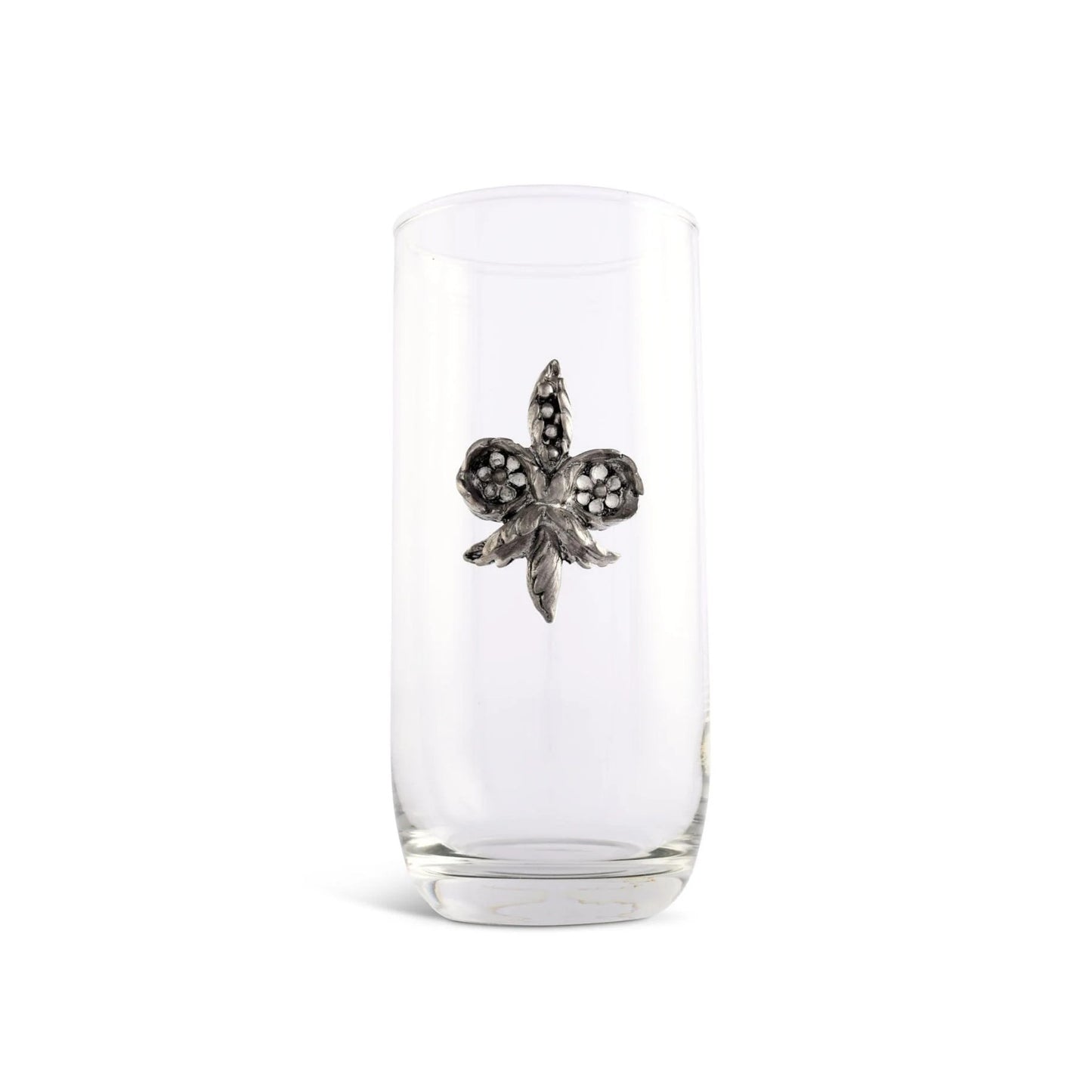 A full view of the elegant Fleur De Lis Iced Tea Glass, showcasing its tall shape and the pewter medallion.