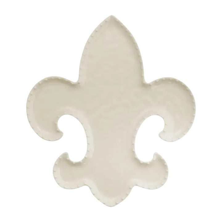 An elegant off-white melamine plate in the shape of a Fleur-de-Lis on a white background