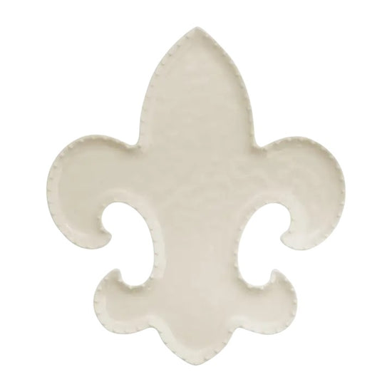 An elegant off-white melamine plate in the shape of a Fleur-de-Lis on a white background