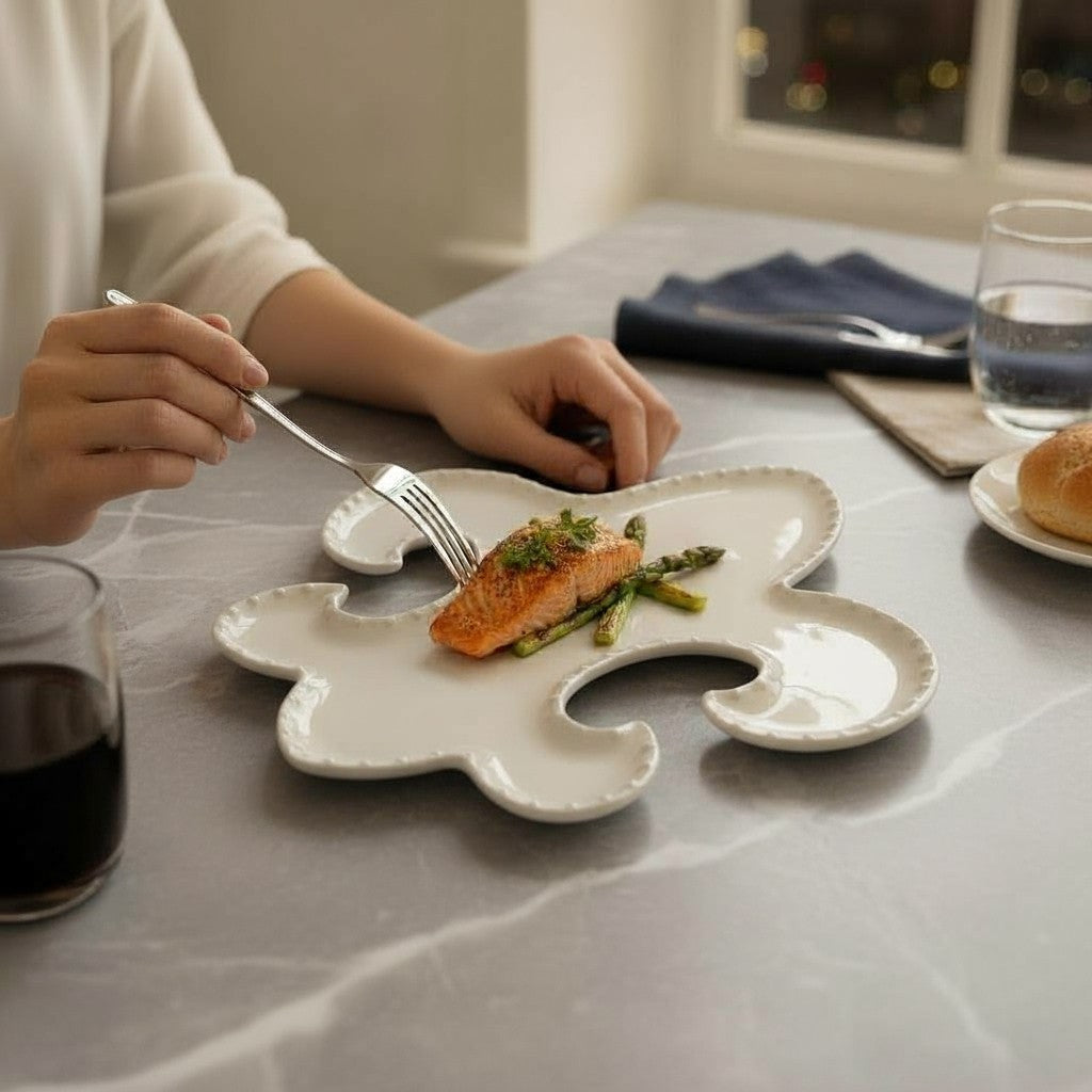 A meal of salmon and asparagus served on a white Fleur-de-Lis shaped melamine plate.