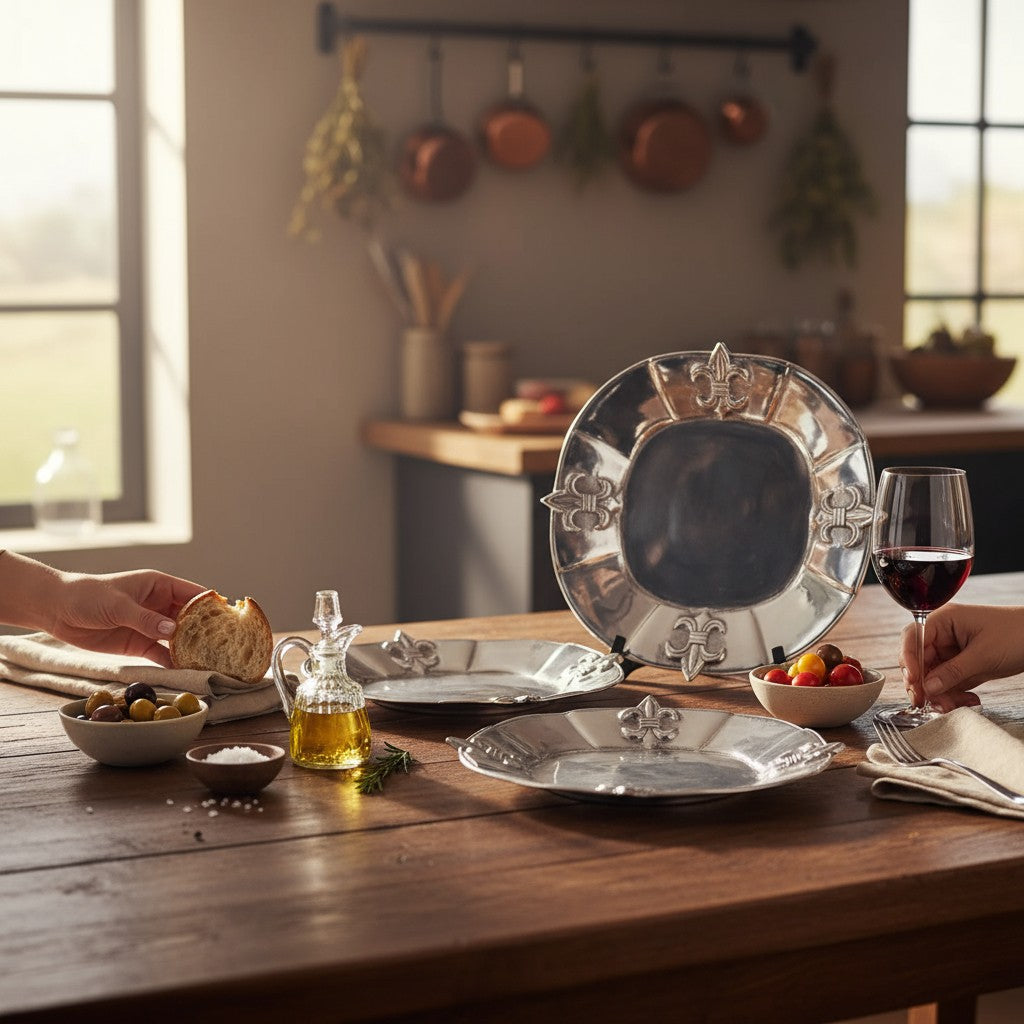An elegant tablescape featuring the Fleur-de-Lis Round Serving Tray with appetizers and wine glasses.
