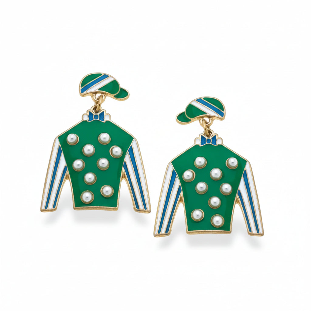 A pair of Freckles Jockey Silk Enamel Drop Earrings featuring green and blue enamel with shiny gold plating.