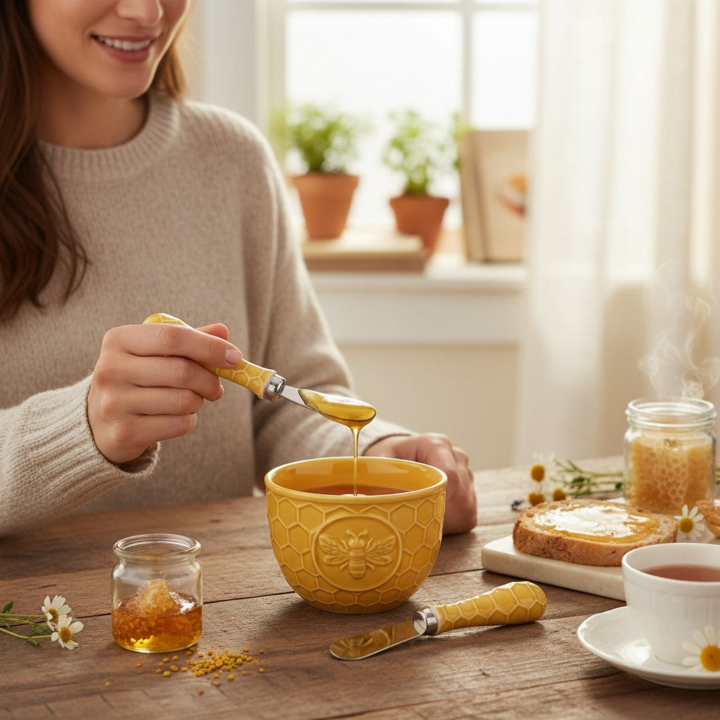 Cozy breakfast scene with the French bees honeycomb dip bowl, honey, tea, and toast on a rustic wooden table with fresh daisies.