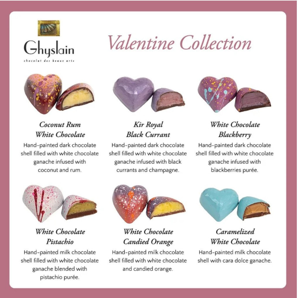 Ghyslain Valentine Collection with heart-shaped chocolates on a white background