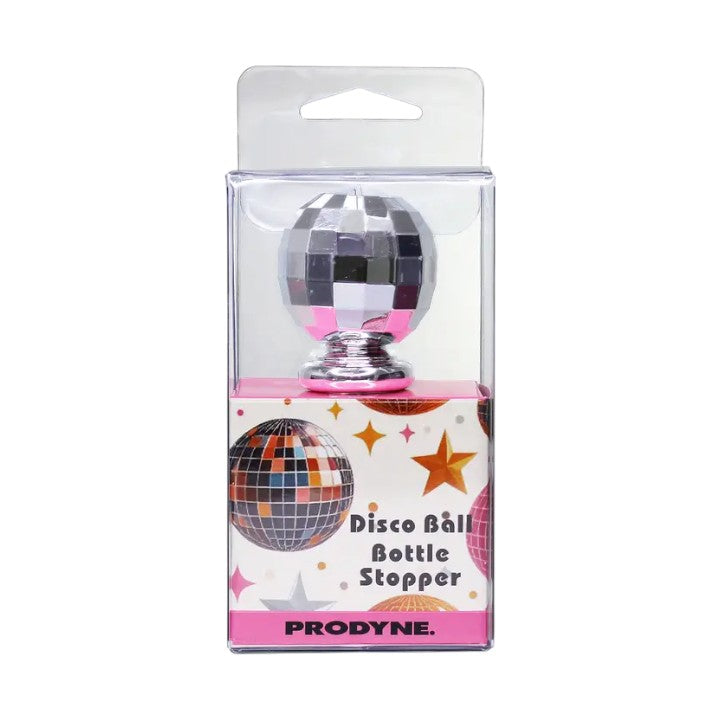Packaged disco ball bottle stopper with a white background