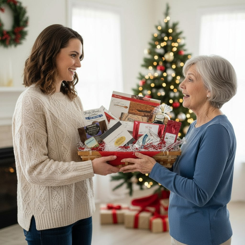 Two women exchanging a gift basket in a festive living room with a Christmas tree.