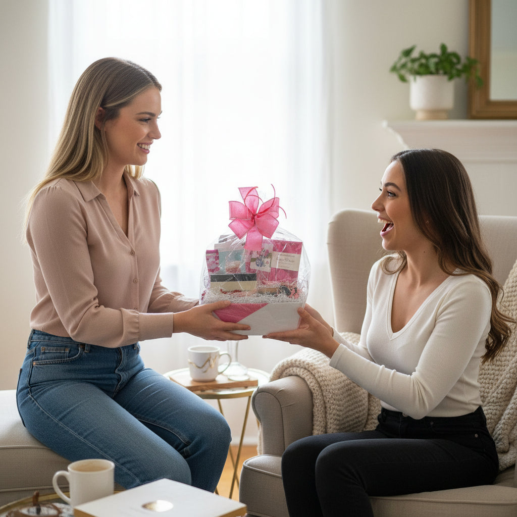 A fun lifestyle shot of friends sharing the Galentine's basket treats and admiring the pop-up card.