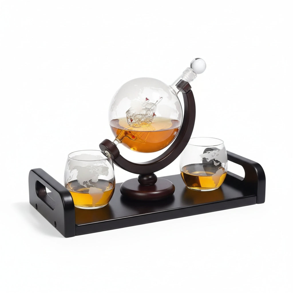The complete whiskey decanter set featuring a globe decanter with internal ship, two etched map glasses, and a wooden serving tray.