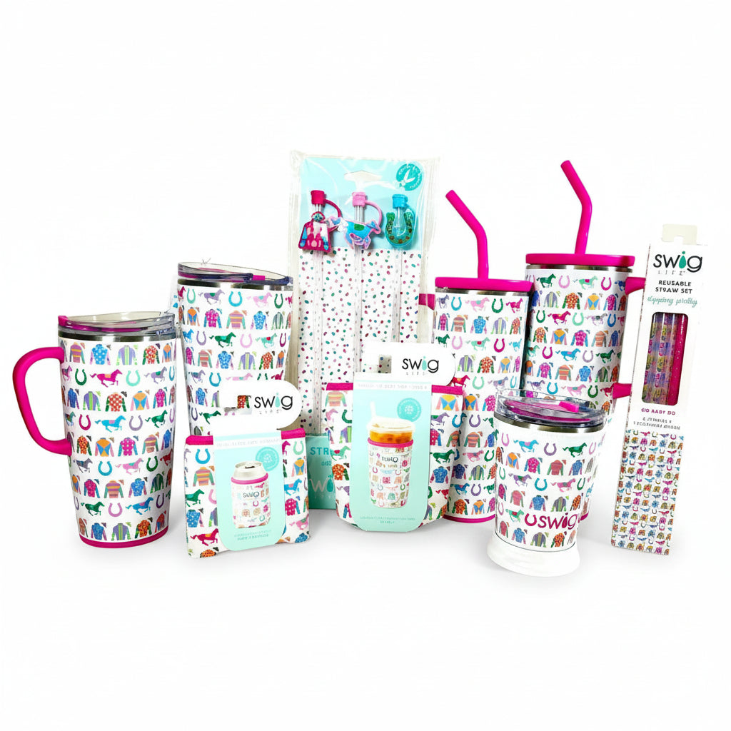 Collection of Swig tumblers with various designs and accessories on a white background