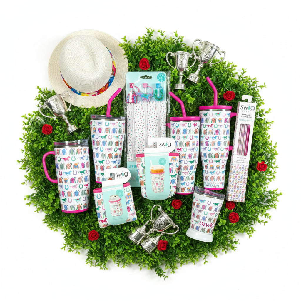 A complete group shot of the Go Baby Go Swig Life collection featuring colorful horse patterns on white backgrounds.