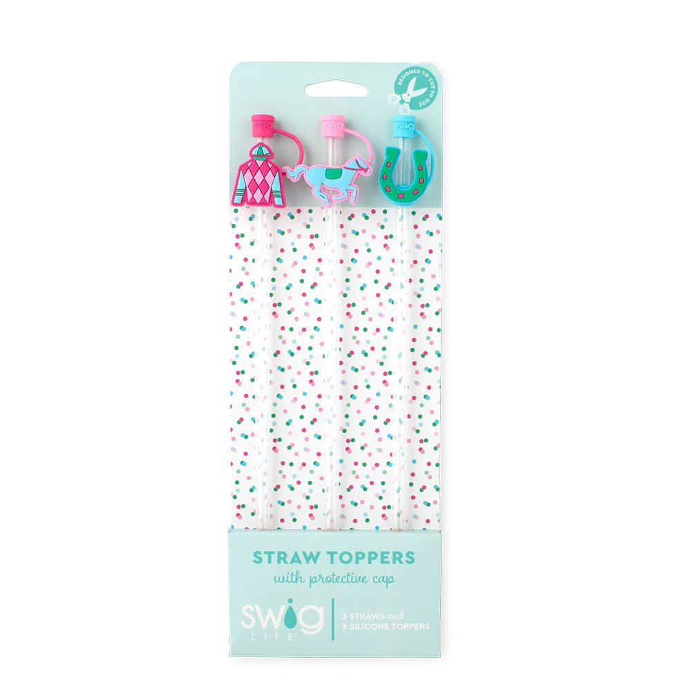 Packaged straw toppers with protective caps on a white background