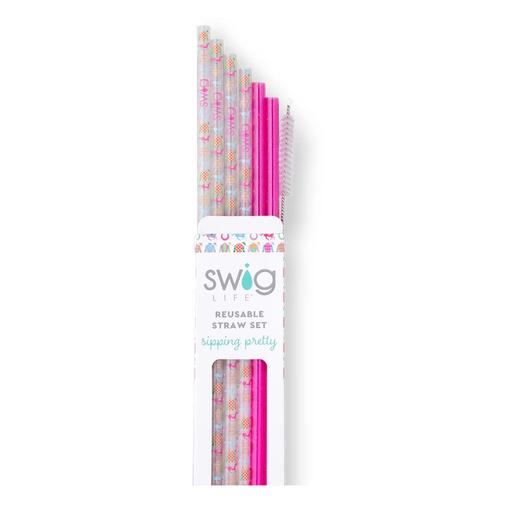 Packaged set of reusable straws with colorful patterns and pink accents, branded 'Swig'.