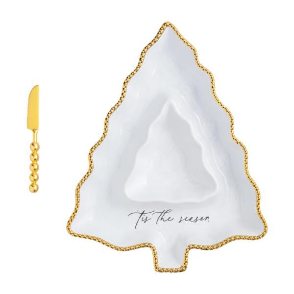 The white ceramic Christmas tree chip and dip set with gold beaded rim and matching spreader.
