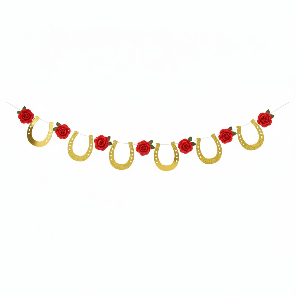Gold Foil Horse Racing Streamer featuring horseshoes and roses, perfect for Derby-themed decorations.