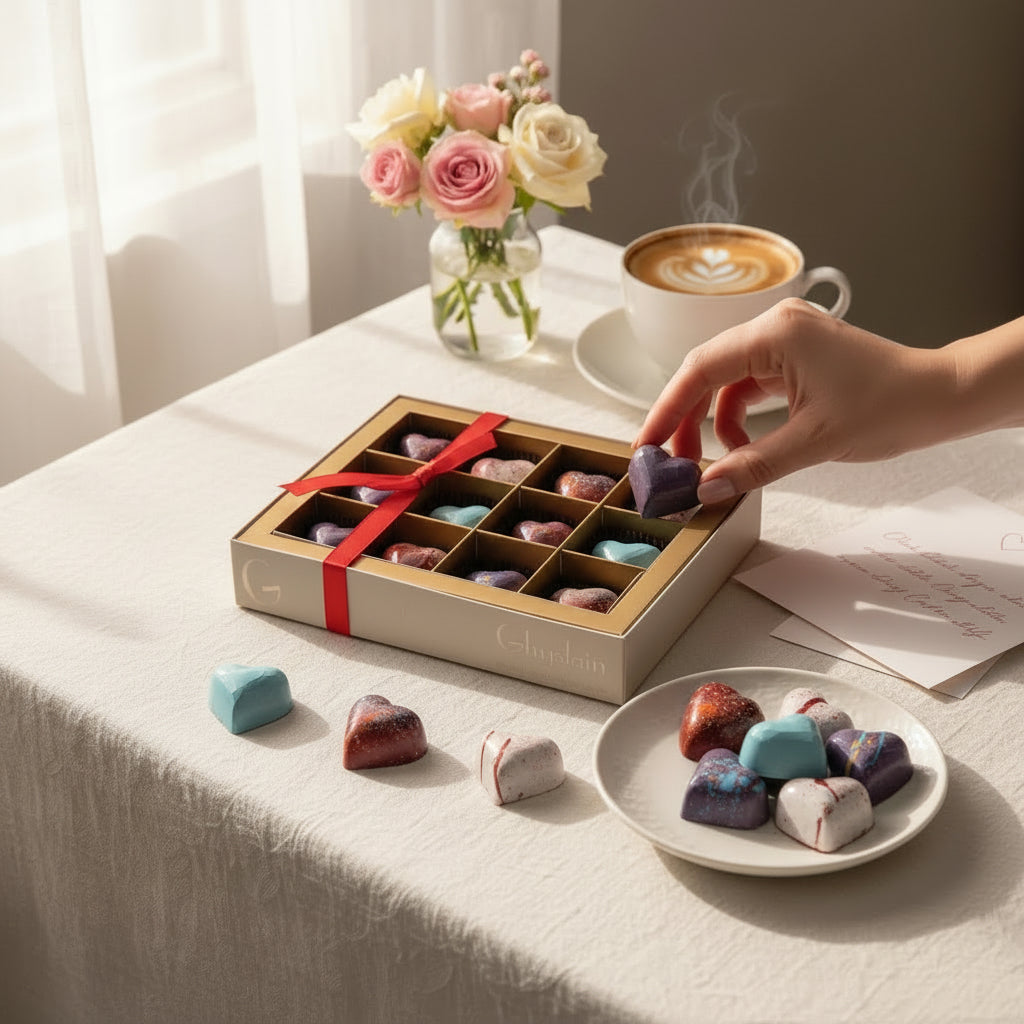 A close-up view of the intricate hand-painted designs on the heart-shaped and spherical chocolate shells.