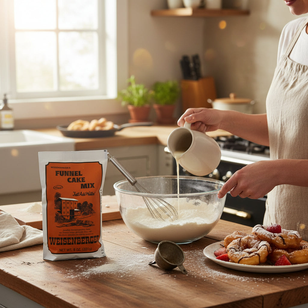The 8oz package of Weisenberger Funnel Cake Mix on a kitchen counter.