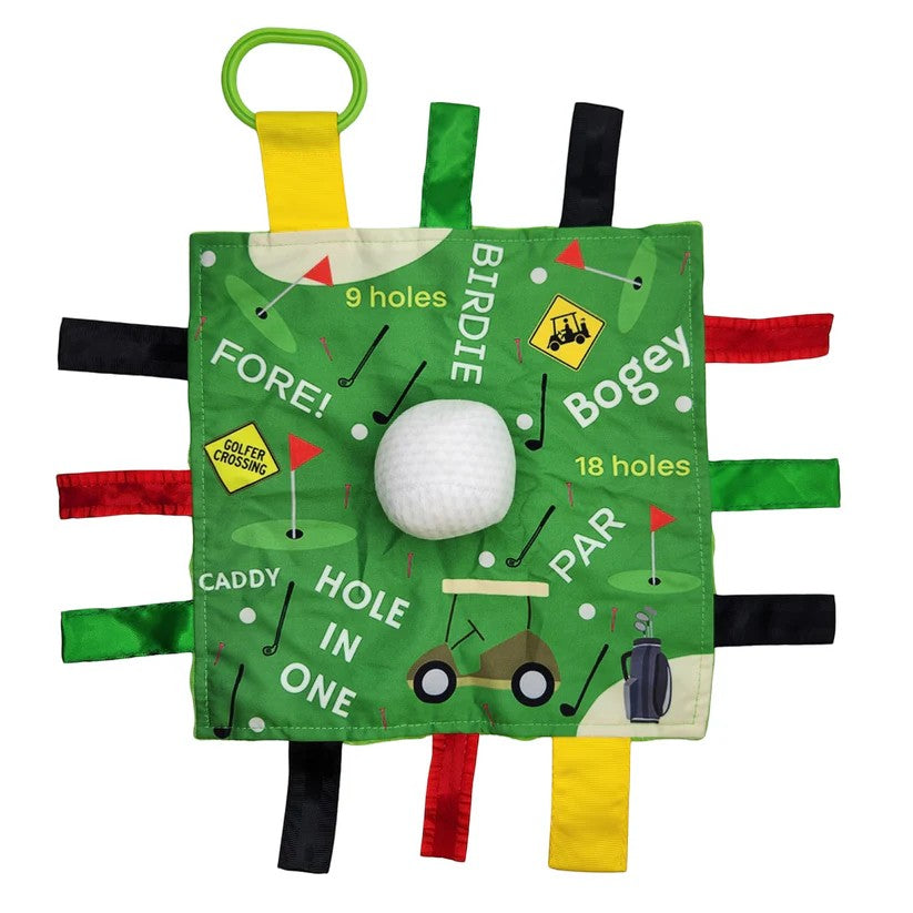 Learning Lovey Crinkle Tag Square Toy with golf-themed fabric tags and a white ball on a green background
