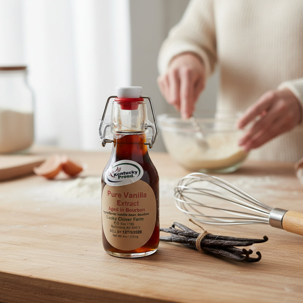 Bottle of Kentucky Proud Pure Vanilla Extract on a wooden surface with vanilla beans and a whisk.
