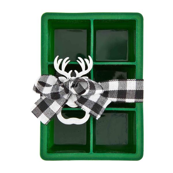 The green silicone ice mold set with a black and white buffalo plaid ribbon.