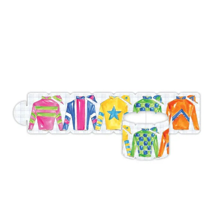 Handpainted Derby Jockey Silks napkin rings with a die-cut design, perfect for elevating table settings at any event.