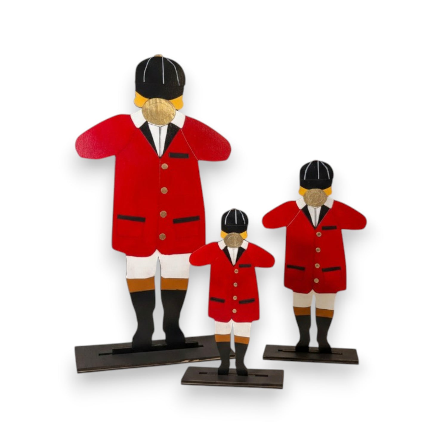 A hand-painted wooden bugler figurine in a traditional red coat and black riding hat, standing on a black base.