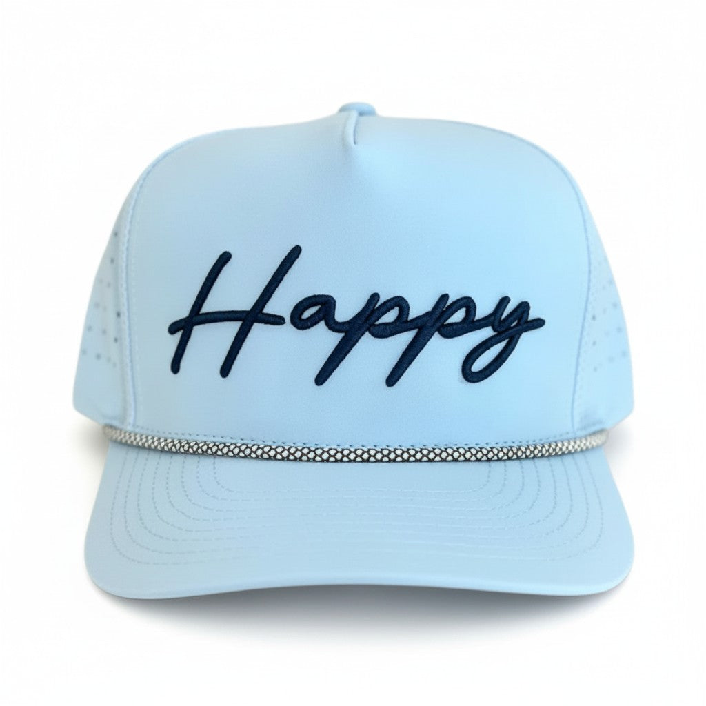 Front view of the baby blue rope hat showing the "happy" embroidery.
