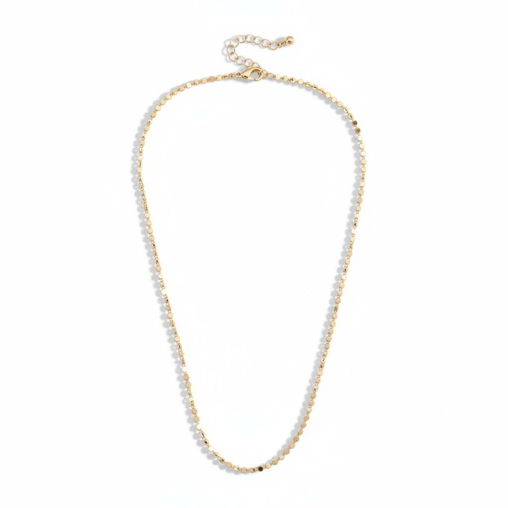 Full view of the Harper Mini Disc Charm Necklace Base in shiny gold, showing the shimmering disc links and adjustable chain on a white background.