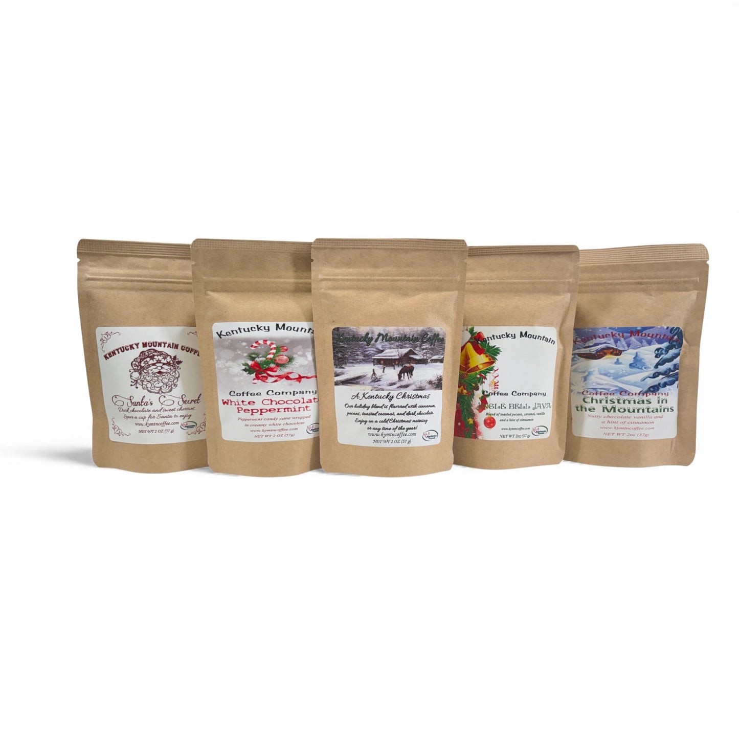 A clean shot showing all five Holiday Coffee Blend variants in a row.