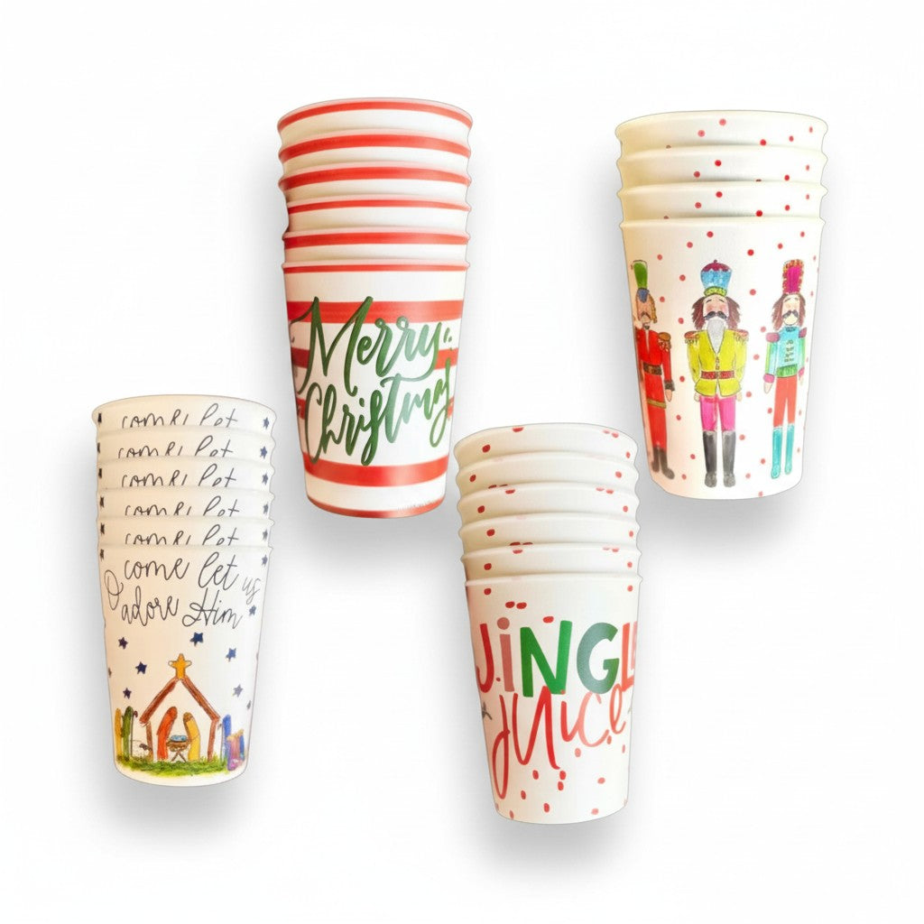 A group collection of four different holiday-themed reusable party cups.