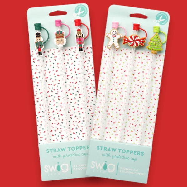 Set of three Classic Nutcracker themed straw toppers, including two soldier figures and a crown or a set of three Cookie Jar themed straw toppers, including a gingerbread man, a peppermint candy, and a Christmas tree.