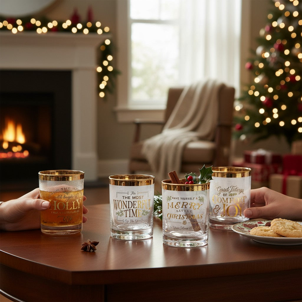 A festive holiday table set with the elegant Christmas gold rim glasses.