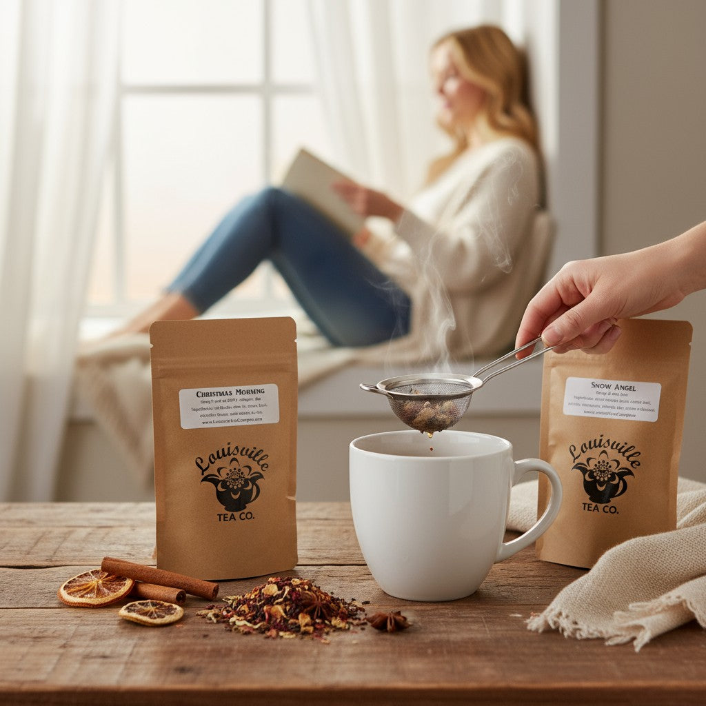 A steaming mug of Christmas Morning tea on a table, with a women reading a book in the background.