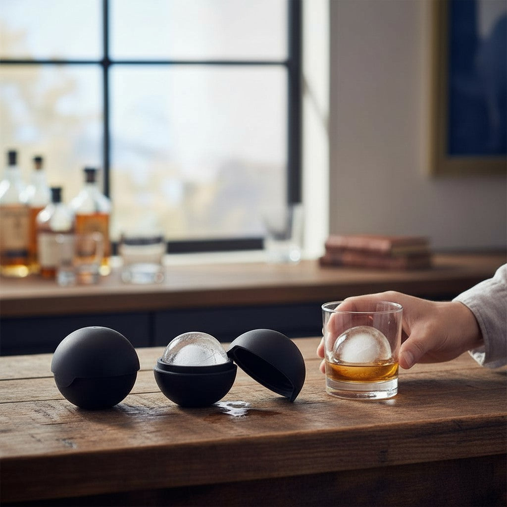 A sophisticated home bar featuring the Viski Glacier Rocks molds and other premium bar tools.