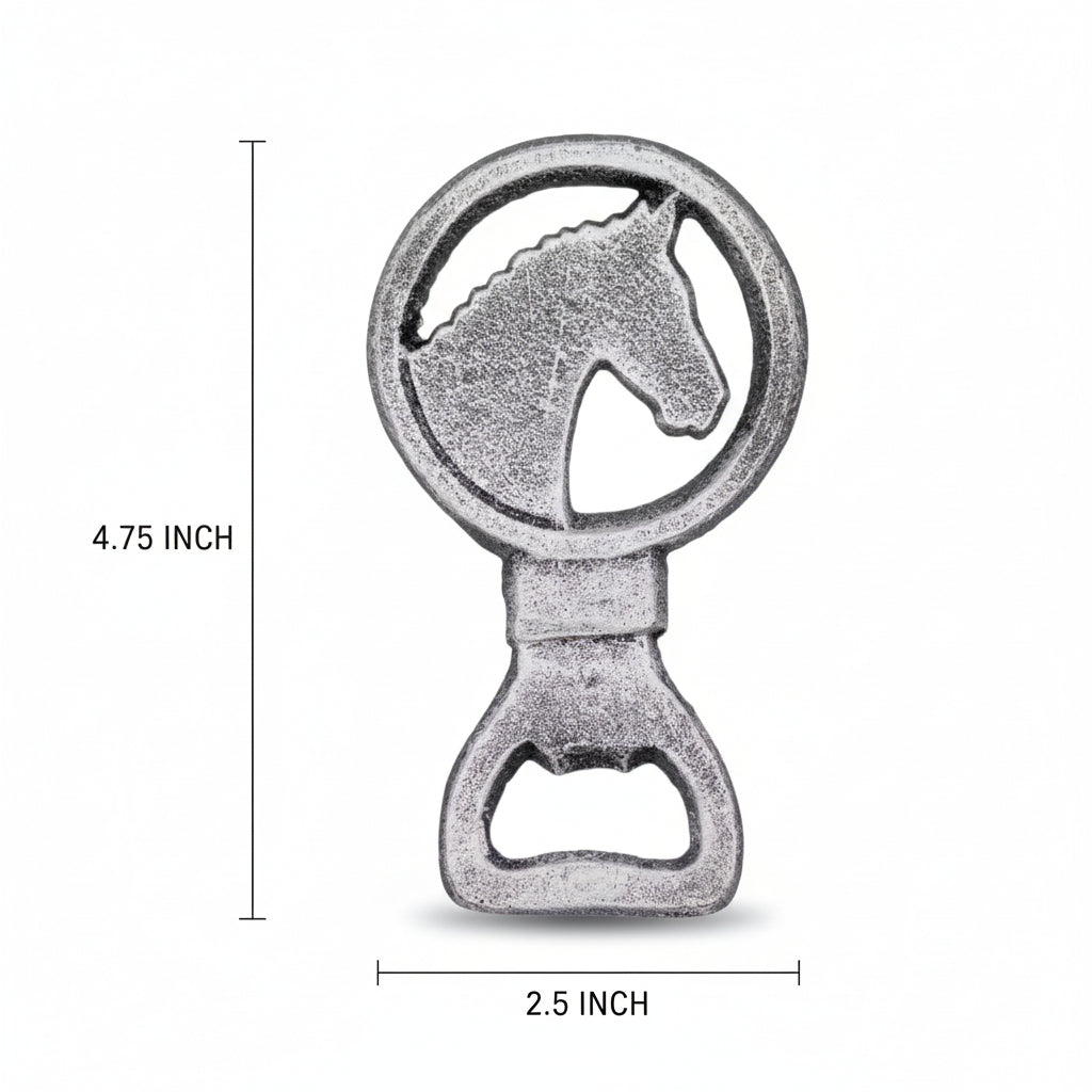 Bottle opener with horse design and measurements on a white background
